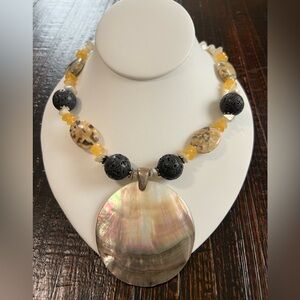Handmade Artisan Lava Stone Jasper Bead Necklace Shell Pendant 925 clasp